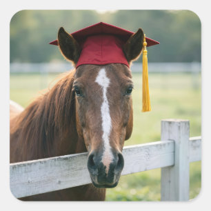 Adesivo Quadrado Cavalo Usando um Chapéu de Formatura Vermelho