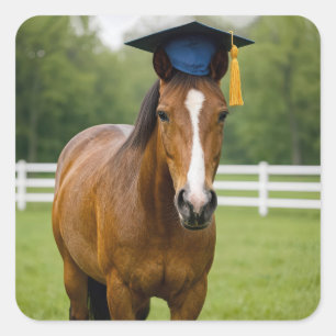Adesivo Quadrado Cavalo Vestindo uma Boina de Graduação Azul Marinh