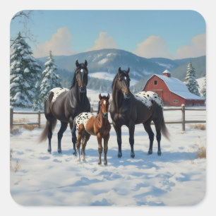 Adesivo Quadrado Cavalos de Appaloosa Pretos numa Fazenda no invern