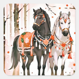 Adesivo Quadrado Cavalos em Aquarela na Folhagem de Outono: Arte Ac