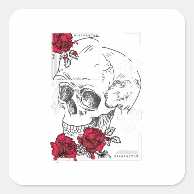 Adesivo Quadrado Caveira Com Flores - Design de Estilo Japonês Urba (Frente)