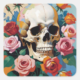 Adesivo Quadrado Caveira e Rosas