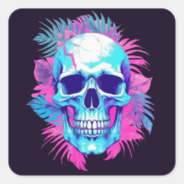Adesivo Quadrado Caveira Floral no Estilo Vaporwave