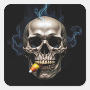 Adesivo Quadrado Caveira Fumante de Halloween Mordendo Milho Doce
