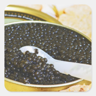 Adesivo Quadrado Caviar preto e uma colher de madrepérola para