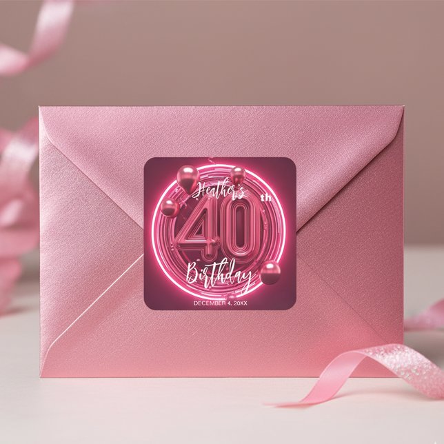 Adesivo Quadrado Celebração de 40º Aniversário com Neon Rosa Vibran (Criador carregado)