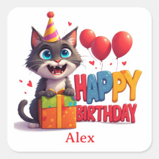 Adesivo Quadrado Celebração de Aniversário da Gatinha Fofa 🥳