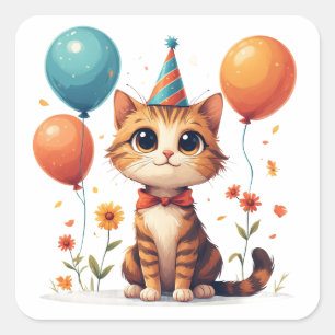 Adesivo Quadrado Celebração de Aniversário de Gatinhos Com Balões e