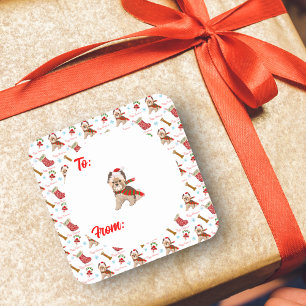 Adesivo Quadrado Celebração De Natal Com O Padrão Yorkie