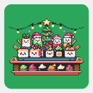 Adesivo Quadrado Celebração de Natal Sushi - Design de 8 bits festi