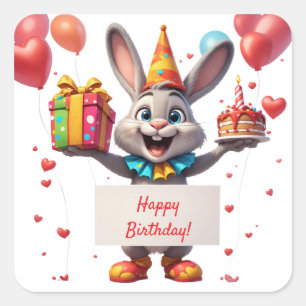 Adesivo Quadrado Celebração do Coelho com Presente e Balões 🐰