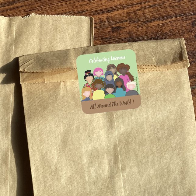 Adesivo Quadrado Celebrando As Mulheres Em Todo O Mundo (Celebrating women all around the world green and brown square sticker . )