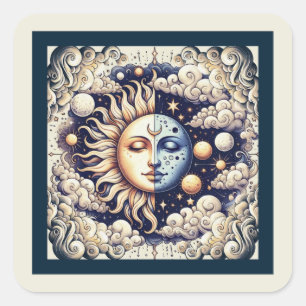 Adesivo Quadrado Celestial Vintage Meio Sol & Lua Azul Amarelo