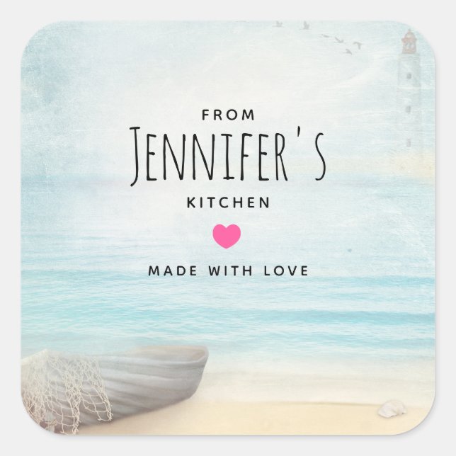 Adesivo Quadrado Cena Costeira de Praia com Cozinha Rowboat de Made (Frente)