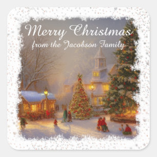Adesivo Quadrado Cena de Árvores de Natal Neves na Praça da Vila