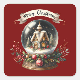 Adesivo Quadrado Cena de Cabana de Natal Aconchegante em Globo de N