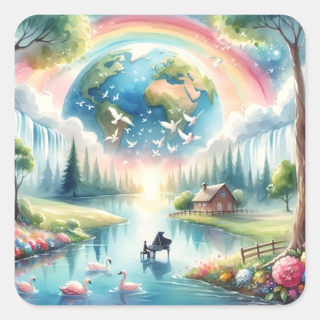 Adesivo Quadrado Cena de Fantasia Whimsical Rainbow Earth (Frente)