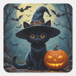 Adesivo Quadrado Cena de Halloween com Gatinho Preto Fofo e Chapéu 