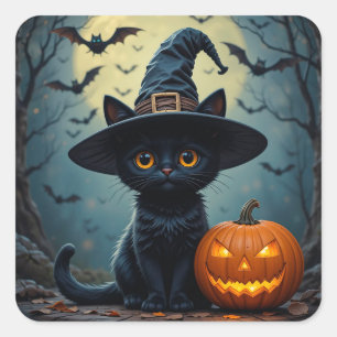 Adesivo Quadrado Cena de Halloween com Gatinho Preto Fofo e Chapéu