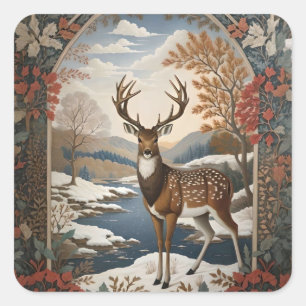 Adesivo Quadrado Cena de inverno de veados Elegante