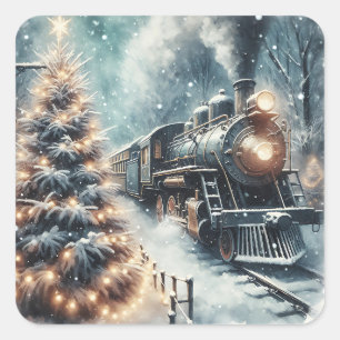 Adesivo Quadrado Cena de inverno Vintage e Comboio Movido por Antig