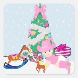 Adesivo Quadrado Cena de Natal de Bebê da Cowgirl Ocidental