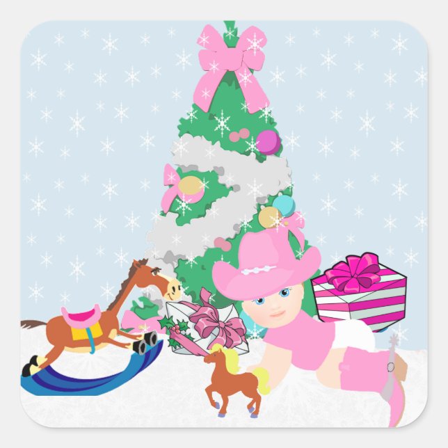 Adesivo Quadrado Cena de Natal de Bebê da Cowgirl Ocidental (Frente)