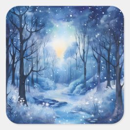 Adesivo Quadrado Cena de Neve do Rio das Árvores Azuis de Natal