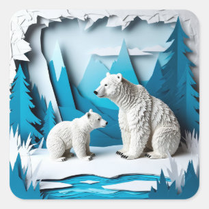 Adesivo Quadrado Cena de Papercraft de Ursos Polares na Floresta Ár
