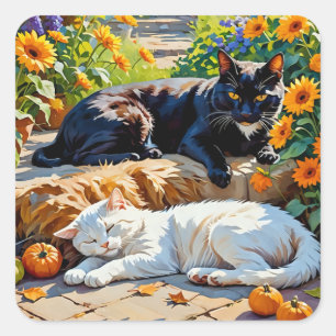 Adesivo Quadrado Cena do Jardim de Autumn Cats e Pumpkins