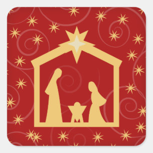 Adesivo Quadrado Cena festiva vermelha da natividade do Natal