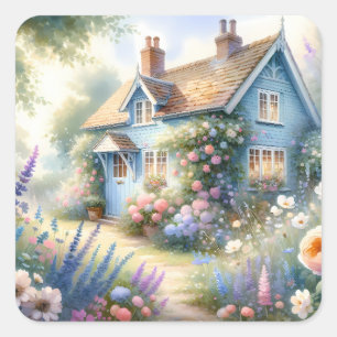 Adesivo Quadrado Cena Floral Casa Azul Jardim Cottage Pastel