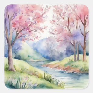 Adesivo Quadrado Cena Natural de Primavera de Aquarela