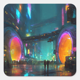 Adesivo Quadrado Cenário Urbano Cyberpunk Vibrante com Arcos