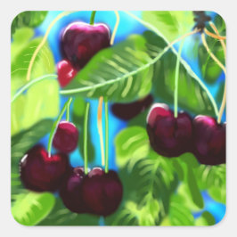 Adesivo Quadrado Cerejas Perdidos De Ramais Vermelho Cereja Verde