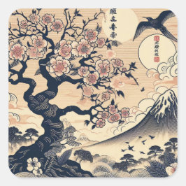 Adesivo Quadrado Cerejeira em Xilogravura Japonesa Grou Fuji