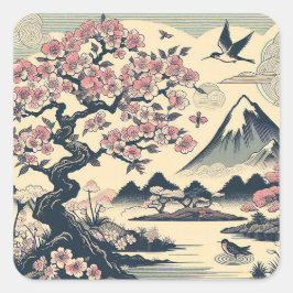 Adesivo Quadrado Cerejeira Japonesa em Xilogravura Grou Monte Fuji