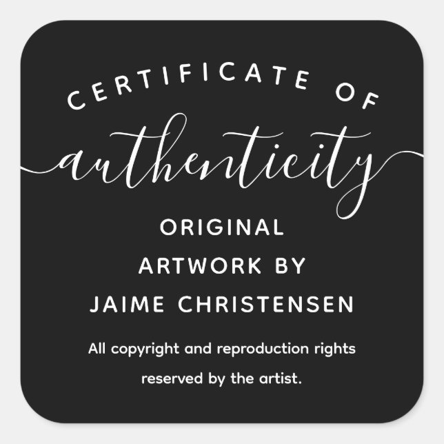 Adesivo Quadrado Certificado de Autenticidade de Script Chic Preto (Frente)