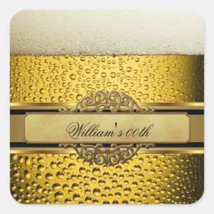 Adesivo Quadrado Cerveja de Homem Elegante Preto Dourado Aniversári