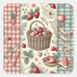 Adesivo Quadrado Cesta de Frutas Gingham Diversão