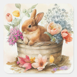 Adesivo Quadrado Cesto de Coelhos Brown Vintage Flores de Páscoa