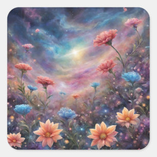 Adesivo Quadrado Céu cósmico com flores fantásticas