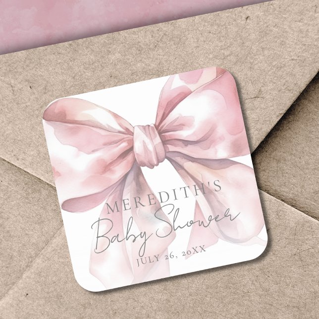 Adesivo Quadrado Chá de Bebê Arco-íris Elegante Rosa (Elegant Pink Bow Baby Shower Square Sticker)