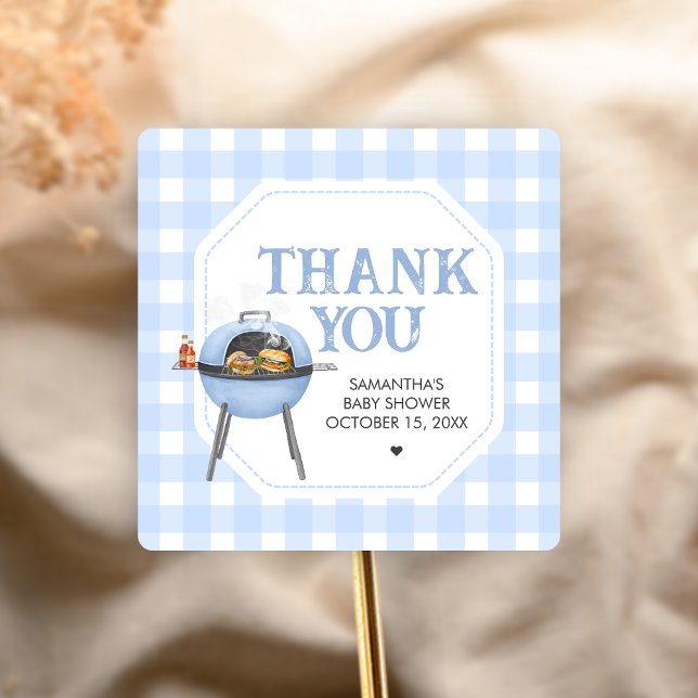 Adesivo Quadrado Chá de Bebê Blue Burger BBQ (Bun and Burgers Baby Shower Sticker)