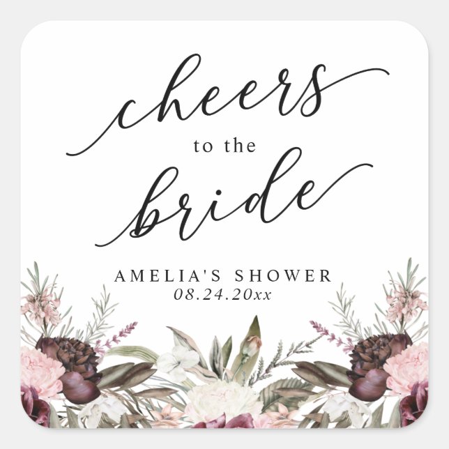 Adesivo Quadrado Chá de Bebê Boho Floral Borgonha (Frente)