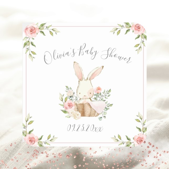 Adesivo Quadrado Chá de Bebê Coelho Bunny Floral Rosa (Criador carregado)
