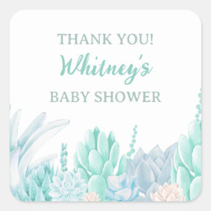 Adesivo Quadrado Chá De Bebê Com Aquarela Suculta Obrigado