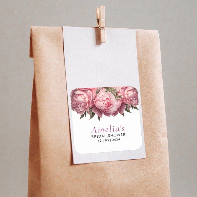 Adesivo Quadrado Chá de Bebê das Peônias Rosa Noiva (Pink Peonies Watercolor Bridal Shower Square Sticker)
