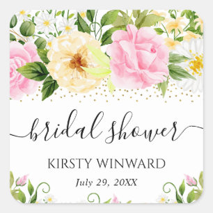 Adesivo Quadrado Chá de Bebê de Flores Amarelas e Rosadas em Aquare