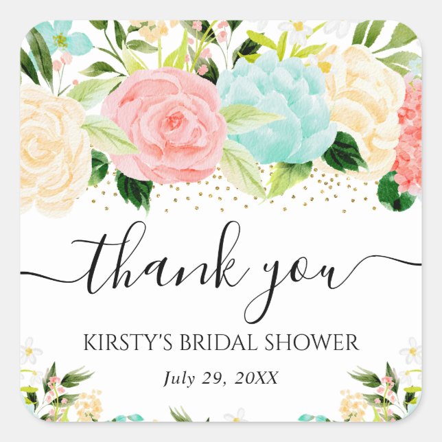 Adesivo Quadrado Chá de Bebê de Flores Rosa e Verde Água (Frente)